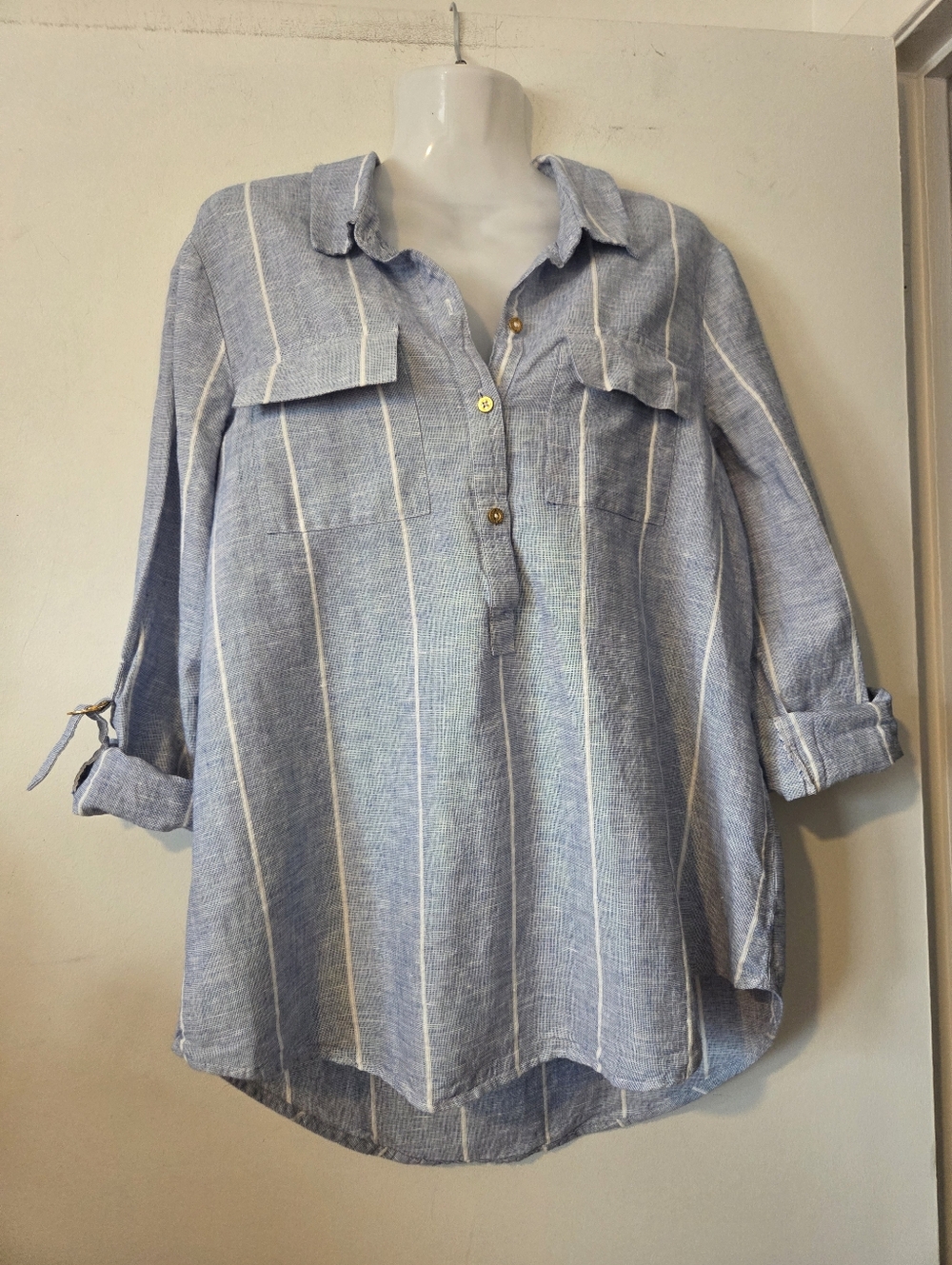 Ellen Tracy Vertical Stripe Linen Blend Popover Blouse